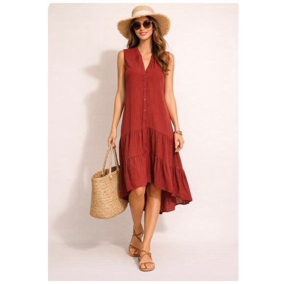 DREW Dresses & Skirts - Drew XS Cotton Gauze Midi Shirt Dress Rust Tiered High Low Button Front Boho